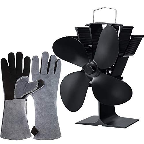  Mudder 4 Blade Heat Powered Stove Fan Wood Burner Stove Fan, 2 Pieces Magnetic Stove Thermometer Stove Top Meter and Heat Resistant Stove Gloves for Gas Pellet Wood Log Burner Fireplace