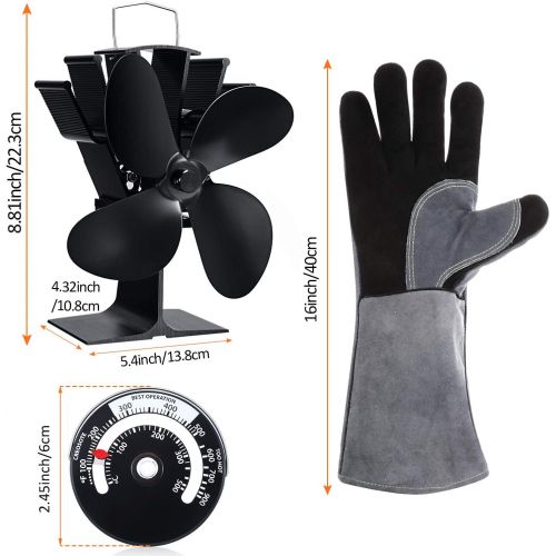  Mudder 4 Blade Heat Powered Stove Fan Wood Burner Stove Fan, 2 Pieces Magnetic Stove Thermometer Stove Top Meter and Heat Resistant Stove Gloves for Gas Pellet Wood Log Burner Fireplace