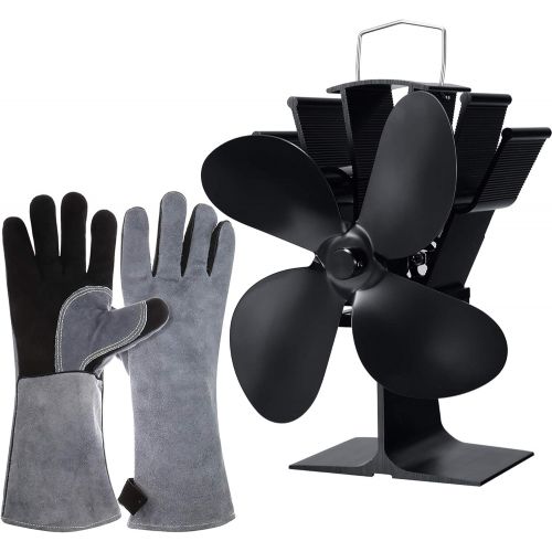  Mudder 4 Blade Heat Powered Stove Fan Wood Burner Stove Fan, 2 Pieces Magnetic Stove Thermometer Stove Top Meter and Heat Resistant Stove Gloves for Gas Pellet Wood Log Burner Fireplace