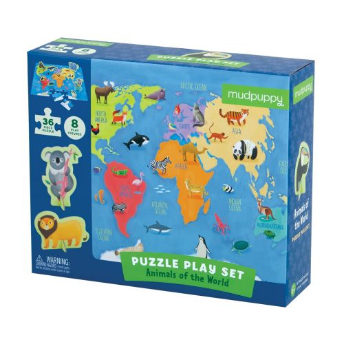  Mudpuppy Animals of The World Jigsaw Puzzle, 36 Pieces - Map of World Puzzle with 8 Animal Play Figures, Ages 3+