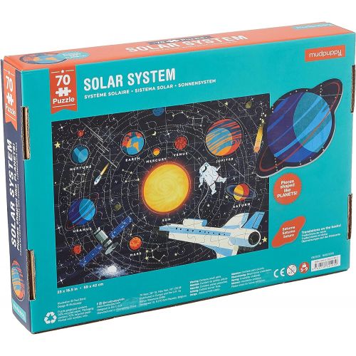  Mudpuppy Solar System Puzzle, 70 Pieces, 23”x16.5”, Great for Kids Ages 5-9, Learn The Solar System with Planet-Shaped Puzzle Pieces, Double-Sided Space Puzzle with Planet Names