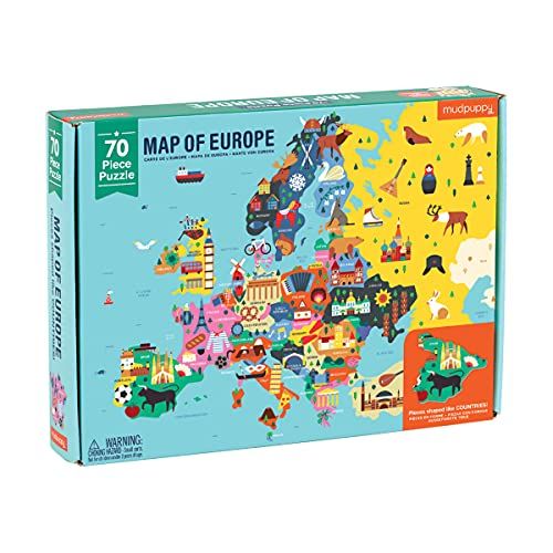  Mudpuppy Map of Europe Puzzle, 70 Pieces, 22”x17.25” ? Perfect for Kids Age 5 9 Learn Countries of Europe by Name, Shape, Location ? Double Sided Geography Puzzle with Pieces Sha