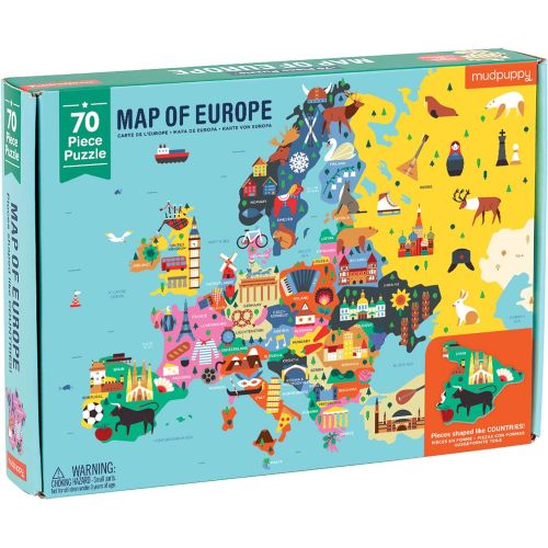  Mudpuppy Map of Europe Puzzle, 70 Pieces, 22”x17.25” ? Perfect for Kids Age 5 9 Learn Countries of Europe by Name, Shape, Location ? Double Sided Geography Puzzle with Pieces Sha