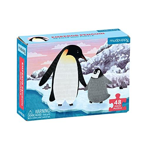  Mudpuppy Emperor Penguin Mini Puzzle, 48 Pieces, 8” x 5.75” ? Perfect Family Puzzle for Ages 4+ ? Jigsaw Puzzle Featuring a Colorful Illustration of Penguins, Informational Insert