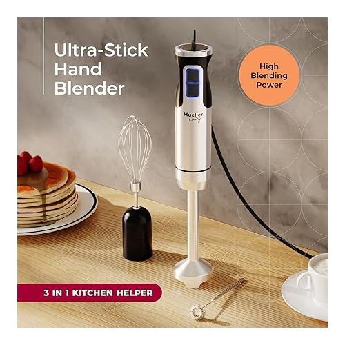  MuellerLiving Hand Blender, Immersion Blender, Hand Mixer with Attachments: Stainless Steel Blade, Whisk, Milk Frother