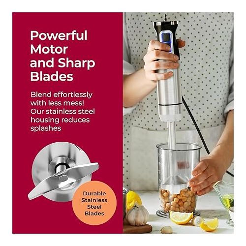  MuellerLiving Hand Blender, Immersion Blender, Hand Mixer with Attachments: Stainless Steel Blade, Whisk, Milk Frother