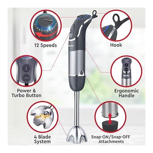  Mueller Multistick 800W 3-in-1 Immersion Blender Handheld, 12 Speed with Turbo Boost, Heaviest Duty Copper Motor, Titanium Blades Hand Blender, Ergonomic Grip, Whisk, Beaker, Chopper