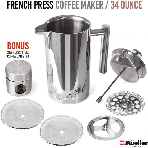  [아마존 핫딜] [아마존핫딜]Mueller Austria Mueller French Press Coffee Maker, 20% Heavier 18/10 Stainless Steel, Multi-Screen System, Rust-Free, Dishwasher Safe