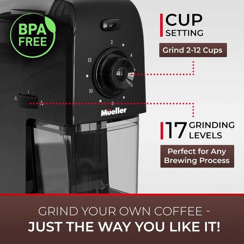  Mueller Austria Mueller SuperGrind Burr Coffee Grinder Electric with Removable Burr Grinder Part - Up to 12 Cups of Coffee, 17 Grind Settings with 5,8oz/164g Coffee Bean Hopper Capacity, Black