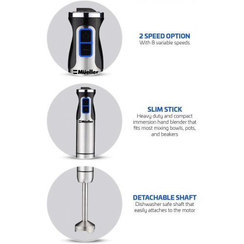  Mueller Austria Mueller Ultra-Stick 500 Watt 9-Speed Immersion Multi-Purpose Hand Blender Heavy Duty Copper Motor Brushed 304 Stainless Steel With Whisk, Milk Frother Attachments