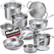 Mueller Austria Mueller Pots and Pans Set 17-Piece, Ultra-Clad Pro Stainless Steel Cookware Set, Ergonomic and EverCool Stainless Steel Handle, Includes Saucepans, Skillets, Dutch Oven, Stockpot,