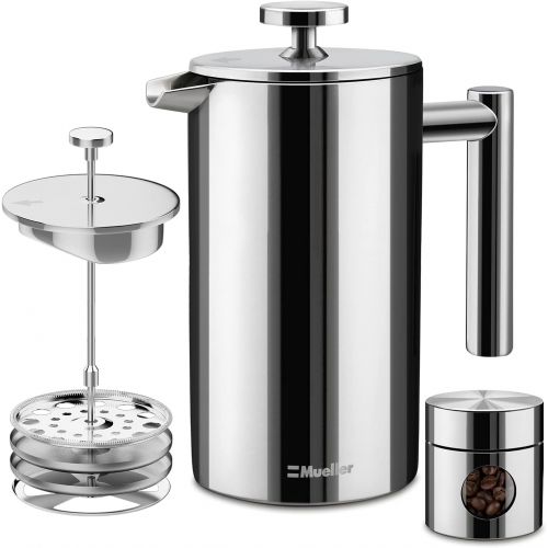  Mueller Austria Mueller French Press Double Insulated 310 Stainless Steel Coffee Maker 4 Level Filtration System, No Coffee Grounds, Rust-Free, Dishwasher Safe