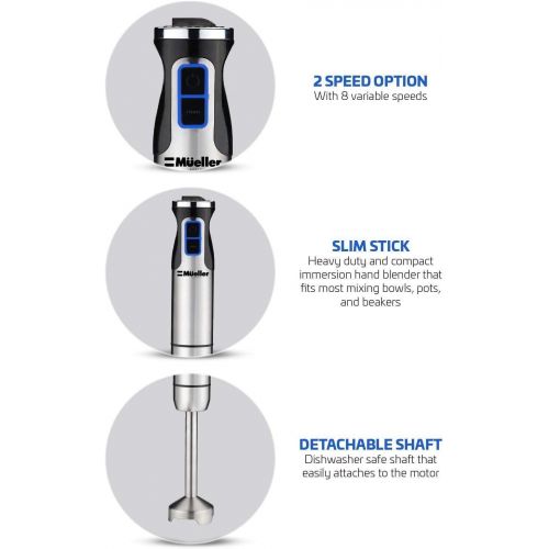  Mueller Austria Ultra-Stick 500 Watt 9-Speed Immersion Multi-Purpose Hand Blender Heavy Duty Copper Motor Brushed 304 Stainless Steel With Whisk, Milk Frother Attachments