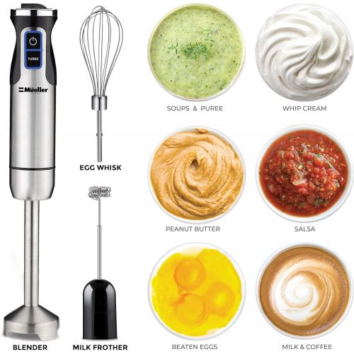  Mueller Austria Ultra-Stick 500 Watt 9-Speed Immersion Multi-Purpose Hand Blender Heavy Duty Copper Motor Brushed Stainless Steel Finish With Whisk, Milk Frother Attachments, Silve
