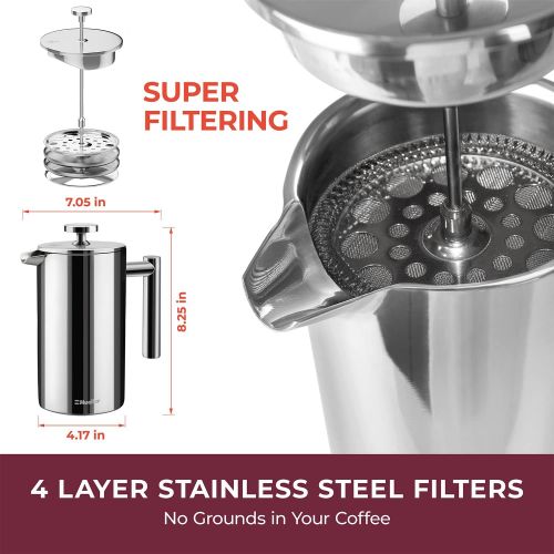  [아마존베스트]Mueller Austria Mueller French Press Double Insulated 310 Stainless Steel Coffee Maker 4 Level Filtration System, No Coffee Grounds, Rust-Free, Dishwasher Safe