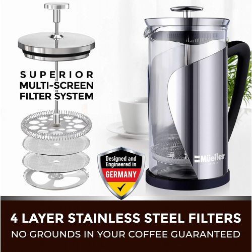  [아마존베스트]Mueller Austria Mueller French Press Coffee, 20% Heavier Duty Stainless Steel Frame & Trumax Borosilicate Glass Coffee Press with 4 Level Filtration System, Easy Clean, 34oz-8 cups