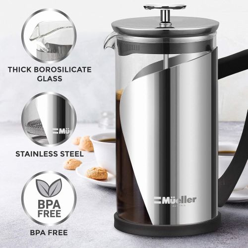  [아마존베스트]Mueller Austria Mueller French Press Coffee, 20% Heavier Duty Stainless Steel Frame & Trumax Borosilicate Glass Coffee Press with 4 Level Filtration System, Easy Clean, 34oz-8 cups