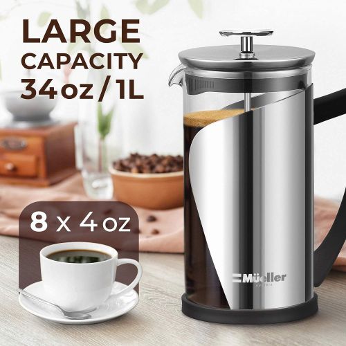  [아마존베스트]Mueller Austria Mueller French Press Coffee, 20% Heavier Duty Stainless Steel Frame & Trumax Borosilicate Glass Coffee Press with 4 Level Filtration System, Easy Clean, 34oz-8 cups