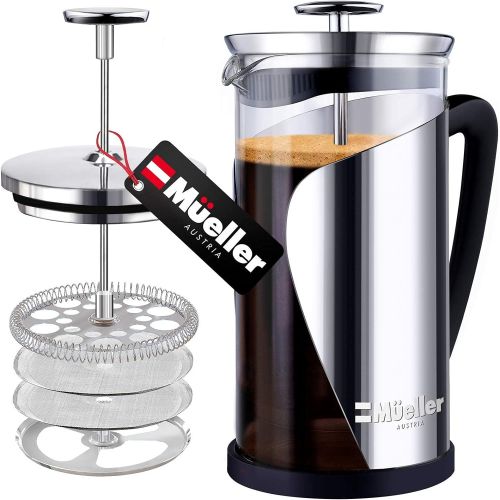  [아마존베스트]Mueller Austria Mueller French Press Coffee, 20% Heavier Duty Stainless Steel Frame & Trumax Borosilicate Glass Coffee Press with 4 Level Filtration System, Easy Clean, 34oz-8 cups