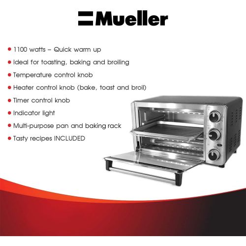  [아마존베스트]Mueller Austria Toaster Oven 4 Slice, Multi-function Stainless Steel Finish with Timer - Toast - Bake - Broil Settings, Natural Convection - 1100 Watts of Power, Includes Baking Pan and Rack by Mu