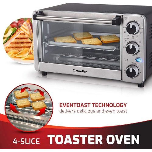  [아마존베스트]Mueller Austria Toaster Oven 4 Slice, Multi-function Stainless Steel Finish with Timer - Toast - Bake - Broil Settings, Natural Convection - 1100 Watts of Power, Includes Baking Pan and Rack by Mu