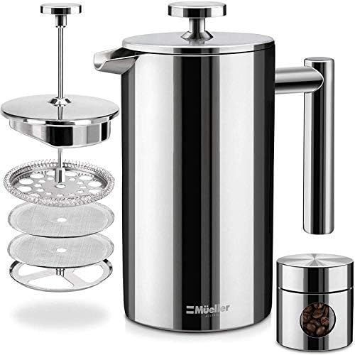  [아마존베스트]Mueller Austria Mueller French Press Double Insulated 310 Stainless Steel Coffee Maker 4 Level Filtration System, No Coffee Grounds, Rust-Free, Dishwasher Safe