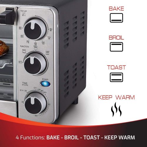 [아마존베스트]Mueller Austria Toaster Oven 4 Slice, Multi-function Stainless Steel Finish with Timer - Toast - Bake - Broil Settings, Natural Convection - 1100 Watts of Power, Includes Baking Pan and Rack by Mu