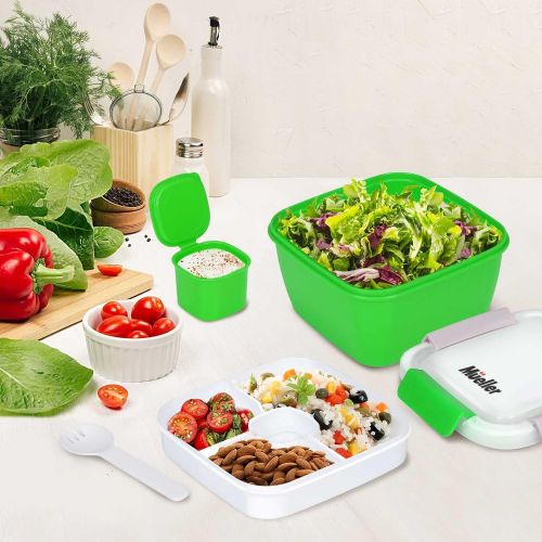  [아마존베스트]Mueller Austria Mueller Salad Lunch Container To Go, Large 51-oz Salad Bowl, 3 Part Divided Tray, with Dressing Container and Reusable Spork Smart Locking Leakproof Salad Holder, (Green)