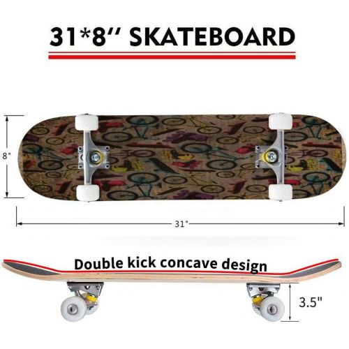  Mulluspa Classic Concave Skateboard EPS10 Vintage Background with Bicycles,Skateboards and Rollers Longboard Maple Deck Extreme Sports and Outdoors Double Kick Trick for Beginners and Profe