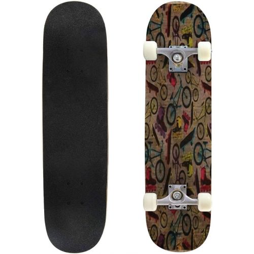  Mulluspa Classic Concave Skateboard EPS10 Vintage Background with Bicycles,Skateboards and Rollers Longboard Maple Deck Extreme Sports and Outdoors Double Kick Trick for Beginners and Profe