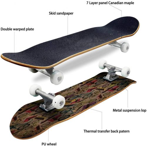  Mulluspa Classic Concave Skateboard EPS10 Vintage Background with Bicycles,Skateboards and Rollers Longboard Maple Deck Extreme Sports and Outdoors Double Kick Trick for Beginners and Profe