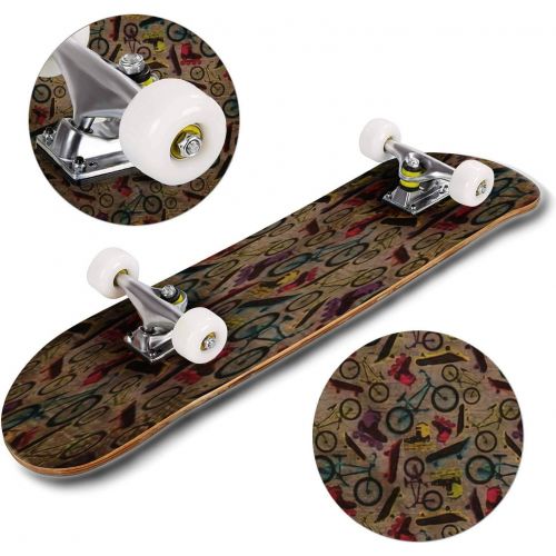  Mulluspa Classic Concave Skateboard EPS10 Vintage Background with Bicycles,Skateboards and Rollers Longboard Maple Deck Extreme Sports and Outdoors Double Kick Trick for Beginners and Profe