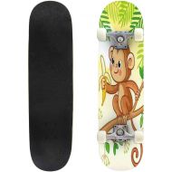 Mulluspa Classic Concave Skateboard Monkey Sits on a Tree and eats a Banana Cute Animal in Cartoon Style Longboard Maple Deck Extreme Sports and Outdoors Double Kick Trick for Beginners and