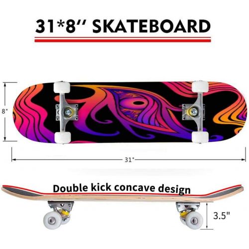  Mulluspa Classic Concave Skateboard Psychedelic Colorful Eye and Waves Fantastic Art with Decorative Eye Longboard Maple Deck Extreme Sports and Outdoors Double Kick Trick for Beginners and