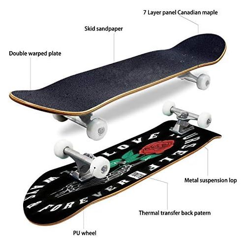  Mulluspa Classic Concave Skateboard Halloween Colorful Bone Font Longboard Maple Deck Extreme Sports and Outdoors Double Kick Trick for Beginners and Professionals