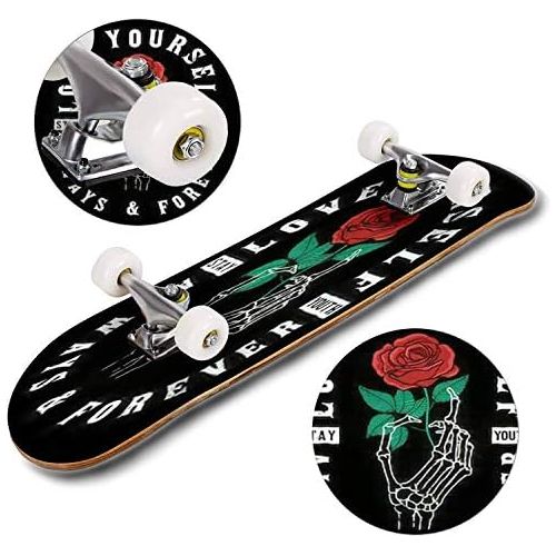  Mulluspa Classic Concave Skateboard Halloween Colorful Bone Font Longboard Maple Deck Extreme Sports and Outdoors Double Kick Trick for Beginners and Professionals