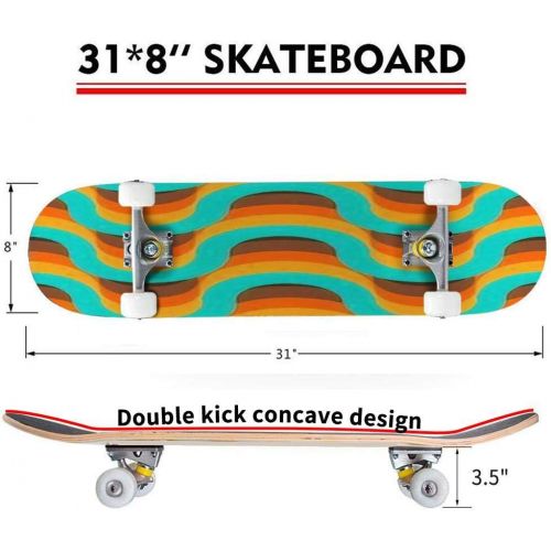  Mulluspa Classic Concave Skateboard Blue, Light Green, Wavy Stripes are Randomly Located on The Azure Longboard Maple Deck Extreme Sports and Outdoors Double Kick Trick for Beginners and Pr