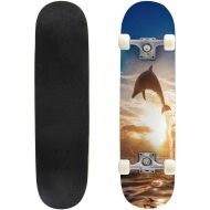 Mulluspa Classic Concave Skateboard Beautiful Dolphin Leaping Jumping from Shining Sunset sea Water Longboard Maple Deck Extreme Sports and Outdoors Double Kick Trick for Beginners and Prof