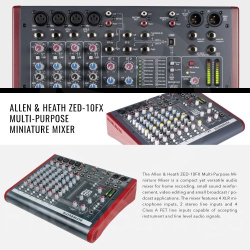  Photo Savings Allen & Heath ZED-10FX Multi-Purpose Miniature Mixer and Premium Bundle w Dynamic Headphones+ Supercardioid Microphone + Much More