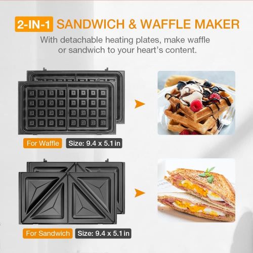  [아마존베스트]Sandwich Maker, Waffle Iron, Multifun 2-in-1 Waffle, Omelet and Turnover Maker with Non-stick Detachable Plates, LED Indicator Lights, Cool Touch Handle, Anti-Skid Feet, Easy to Cl