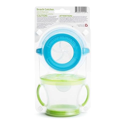 먼치킨 Munchkin® Snack Catcher® Toddler Snack Cups, 2 Count (Pack of 1), Blue/Green