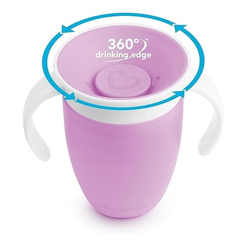 먼치킨 Munchkin® Miracle® 360 Trainer Sippy Cup with Handles, Spill Proof, 7 Ounce, 2 Pack, Pink/Purple