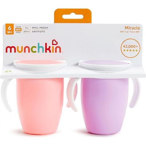 먼치킨 Munchkin® Miracle® 360 Trainer Sippy Cup with Handles, Spill Proof, 7 Ounce, 2 Pack, Pink/Purple