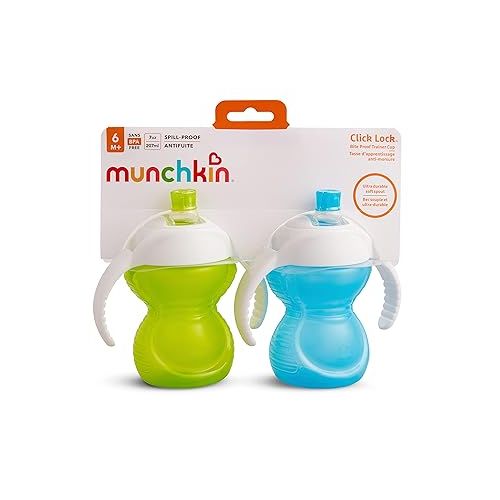 먼치킨 Munchkin® Click Lock™ Bite Proof Trainer Cup, Plastic, 7 Ounce, 2 Pack, Blue/Green