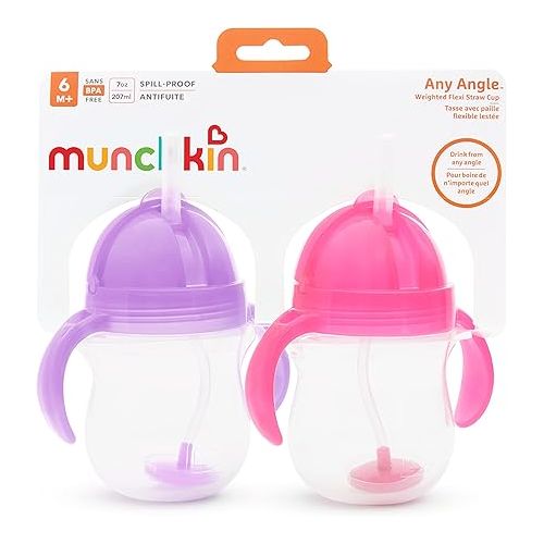 먼치킨 Munchkin® Any Angle™ Weighted Straw Trainer Cup with Click Lock™ Lid, 7 Ounce, 2 Pack, Pink/Purple