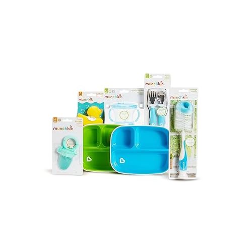 먼치킨 Munchkin® New Beginnings Baby Gift Set, Includes Feeding Utensils, Divided Plates, Bottle Brush, Bath Toy and Teether, Blue
