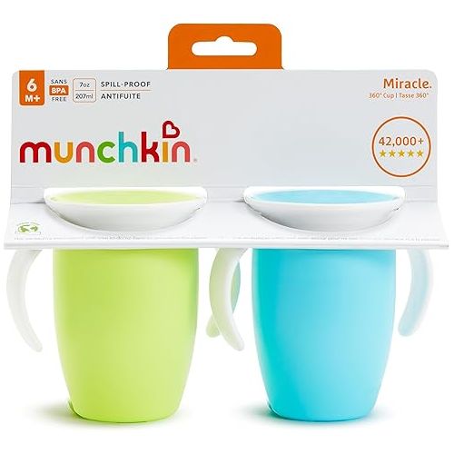 먼치킨 Munchkin® Miracle® 360 Trainer Sippy Cup with Handles, Spill Proof, 7 Ounce, 2 Count (Pack of 1), Green/Blue