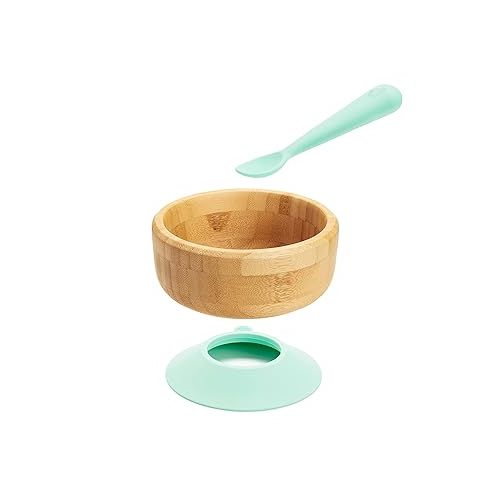 먼치킨 Munchkin® Bambou™ Suction Bowl and Silicone Spoon for Babies and Toddlers, Non-Toxic Bamboo