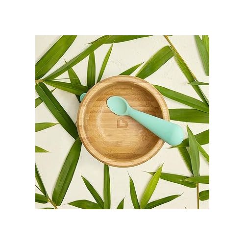 먼치킨 Munchkin® Bambou™ Suction Bowl and Silicone Spoon for Babies and Toddlers, Non-Toxic Bamboo