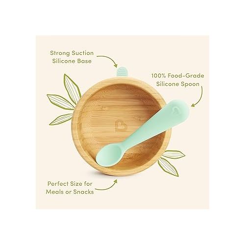 먼치킨 Munchkin® Bambou™ Suction Bowl and Silicone Spoon for Babies and Toddlers, Non-Toxic Bamboo